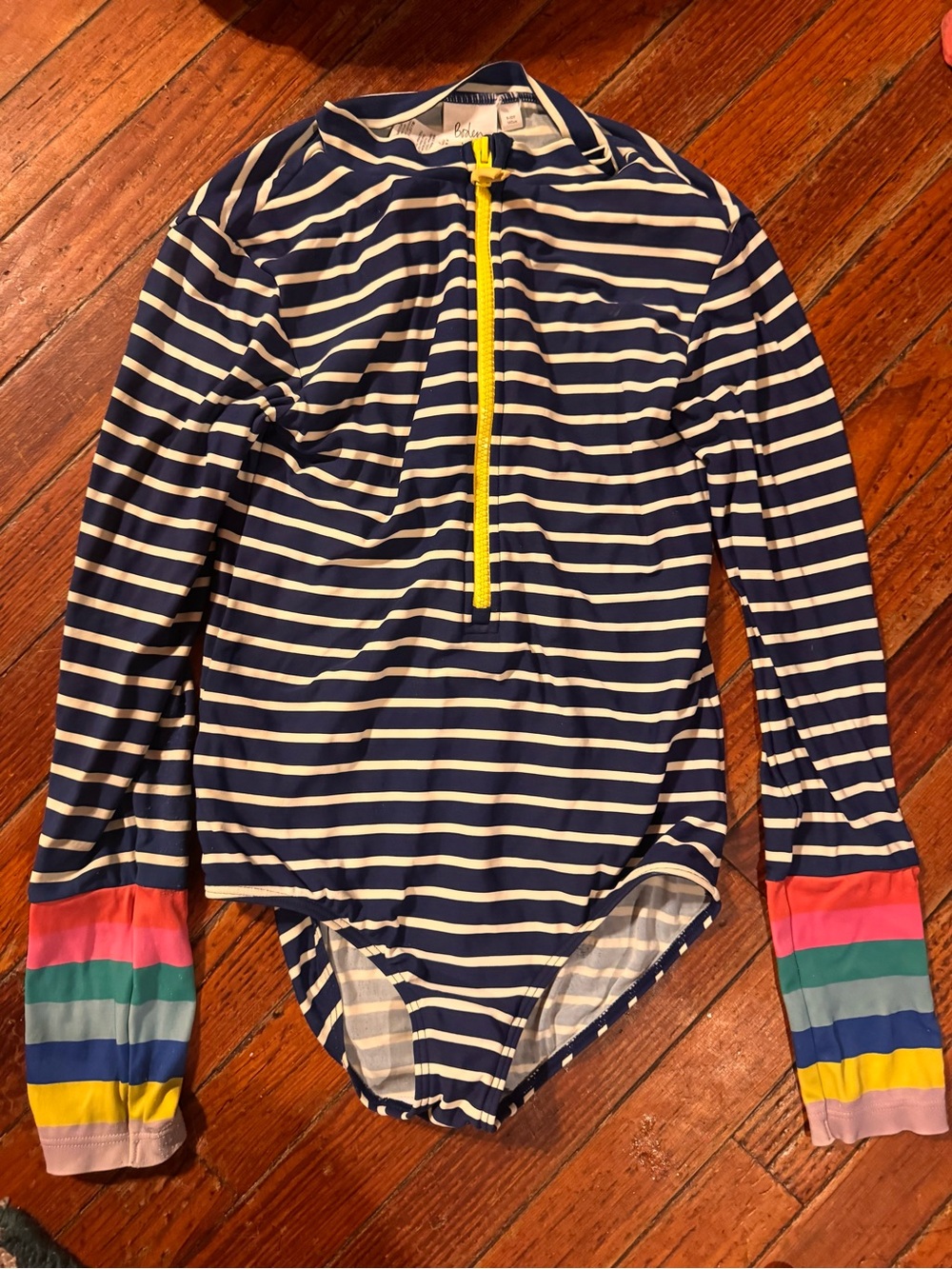 Boden Navy and White Stripe Kids swimsuit size 9-10